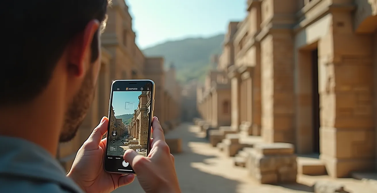 Tourist erlebt mittels Smartphone und Augmented Reality die digitale Rekonstruktion einer historischen Stätte, wobei Vergangenheit und Gegenwart verschmelzen