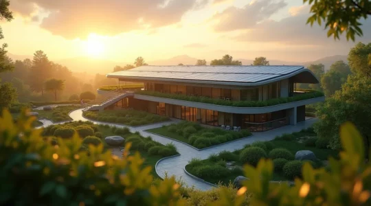 Moderne oekologische Architektur mit Solarpanelen und Gruendach