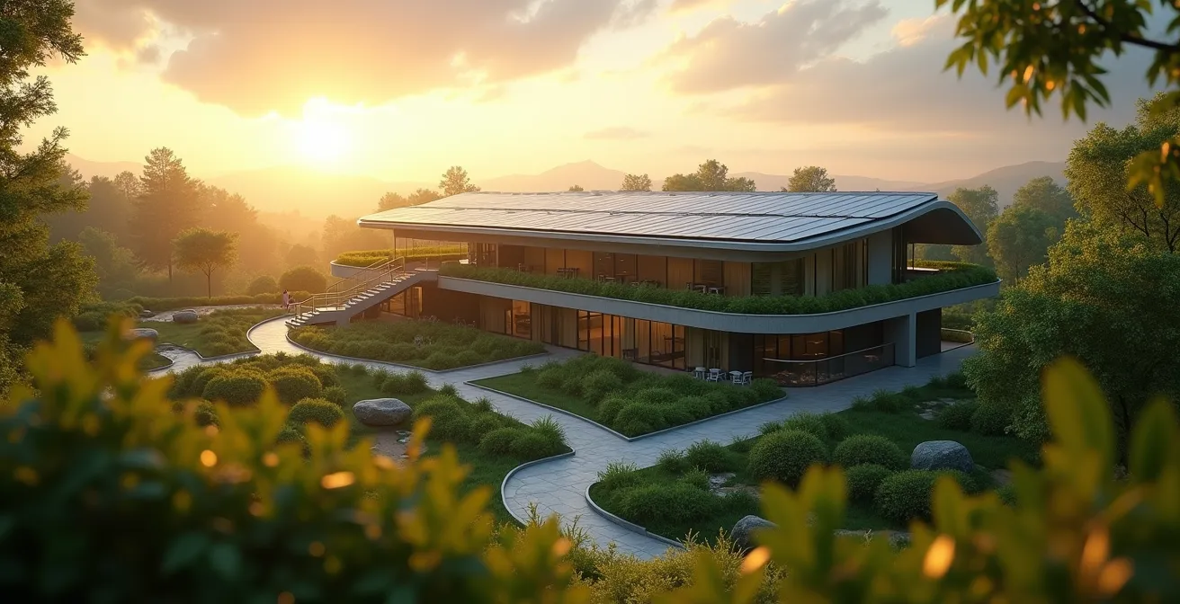 Moderne oekologische Architektur mit Solarpanelen und Gruendach
