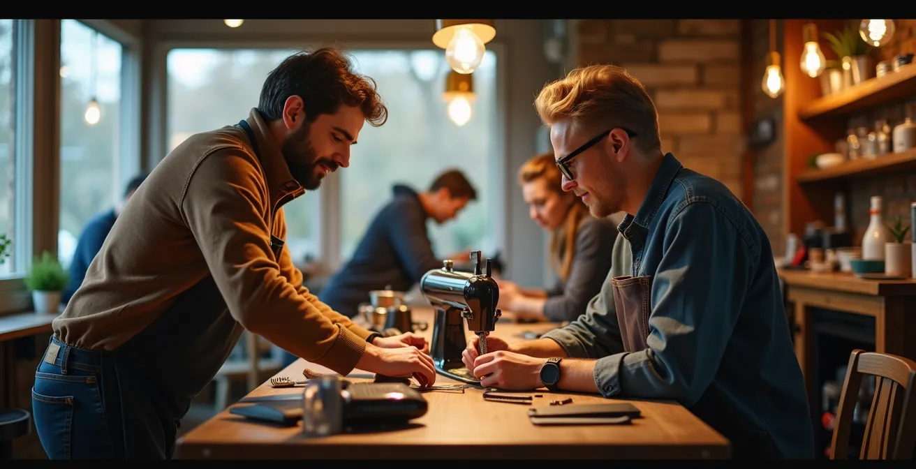 Menschen in einer lebendigen Repair-Café-Umgebung, die Werkzeuge teilen und Geräte reparieren