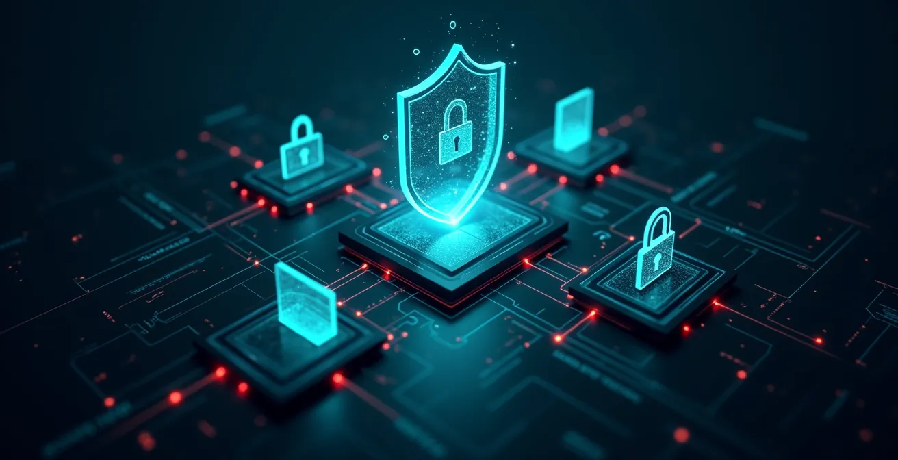 Digitaler Schutzschild umgibt persönliche Daten und elektronische Geräte vor Cyber-Bedrohungen