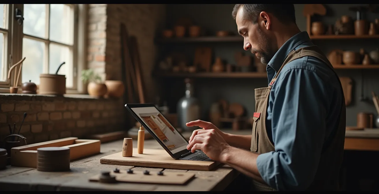 Handwerker nutzt digitale Werkzeuge zur Bewahrung traditionellen Handwerks