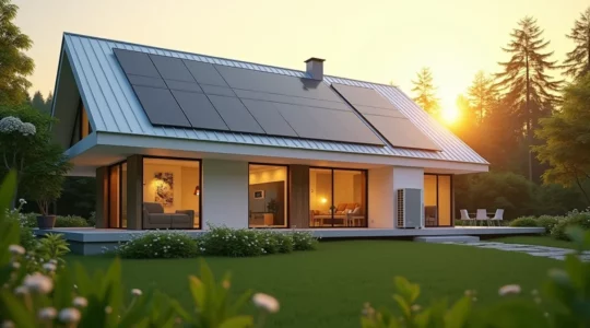 Moderne energieeffiziente Haustechnik mit Solar, Wärmepumpe und Smart-Home-System