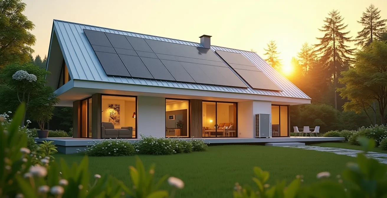 Moderne energieeffiziente Haustechnik mit Solar, Wärmepumpe und Smart-Home-System