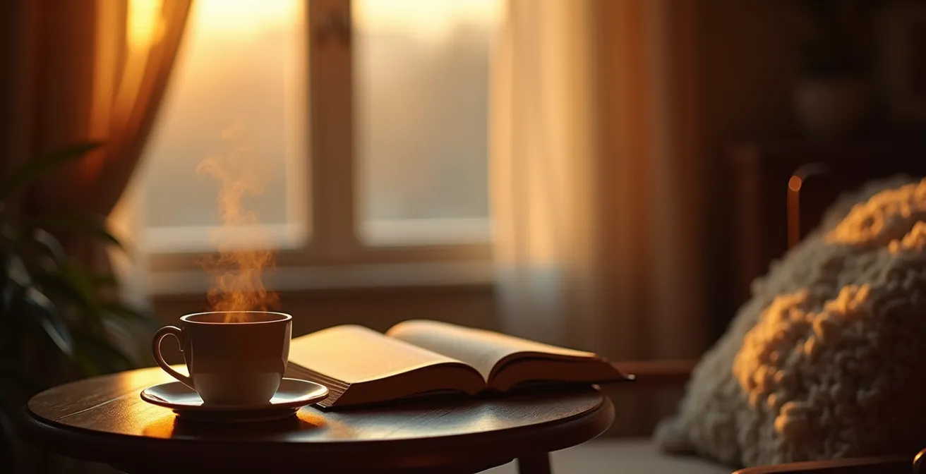 Lifestyle-Foto einer gemütlichen Leseecke mit dampfender Kaffeetasse in Ferienwohnung
