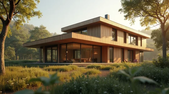 Moderne nachhaltige Architektur mit natürlichen Baustoffen und grüner Umgebung