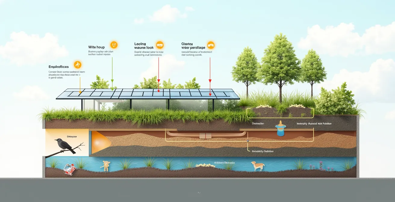 Querschnitt eines Gründachs mit integrierten Solarpaneelen, der die Synergieeffekte wie Regenwasserrückhalt, Kühlung und Förderung der Biodiversität visualisiert