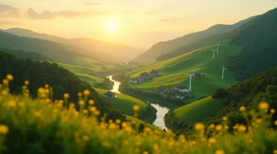 Nachhaltiger Tourismus: grüne Landschaft mit Symbolen für Ökologie und Wirtschaft