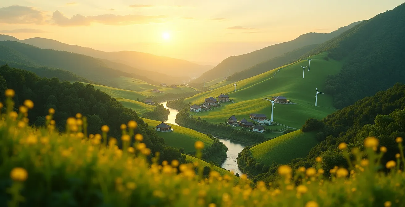 Nachhaltiger Tourismus: grüne Landschaft mit Symbolen für Ökologie und Wirtschaft