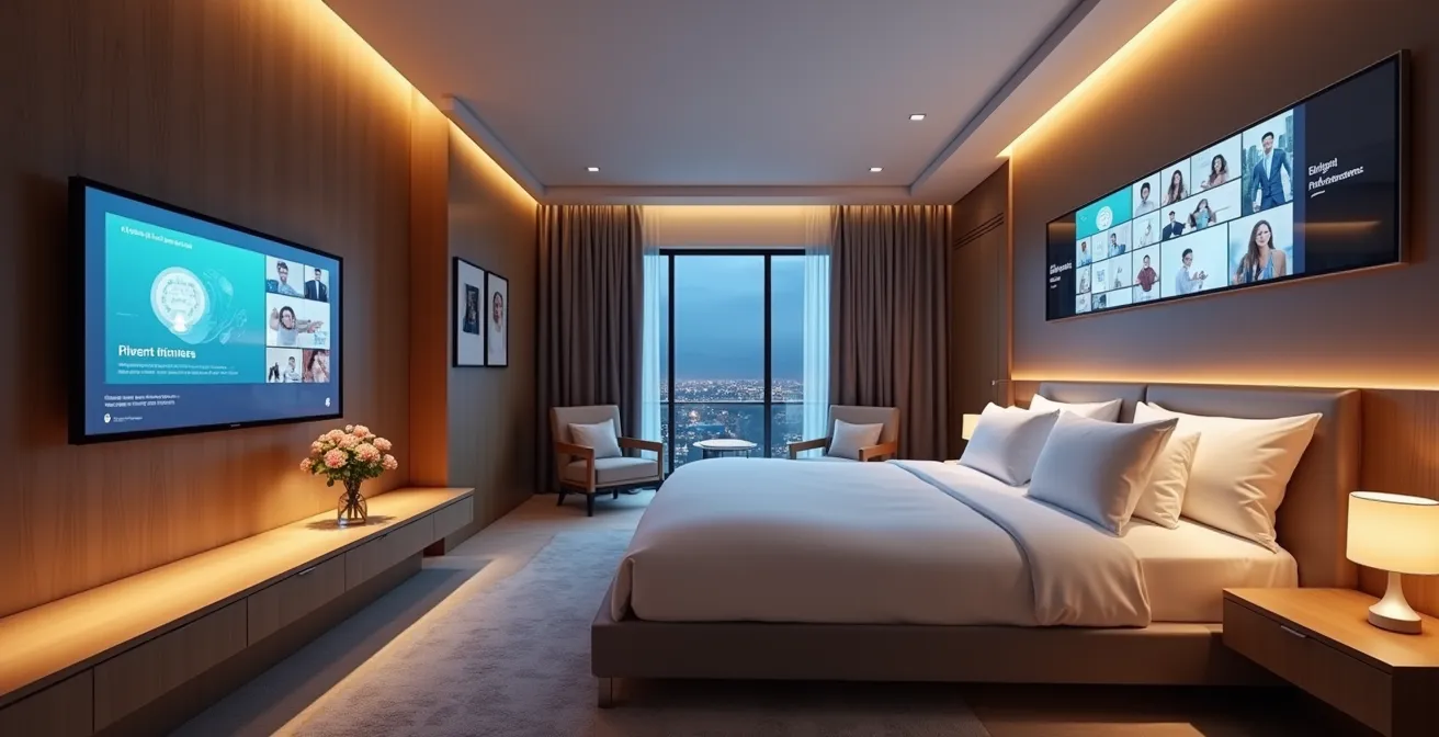 Futuristisches Hotelzimmer mit intelligenten Sensoren und personalisierten digitalen Interfaces, die sich an die Gästepräferenzen anpassen