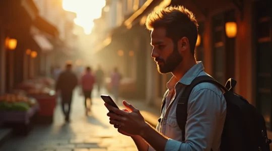 Moderner Reisender mit Smartphone in einer authentischen lokalen Umgebung, der echte kulturelle Begegnungen statt Massentourismus sucht