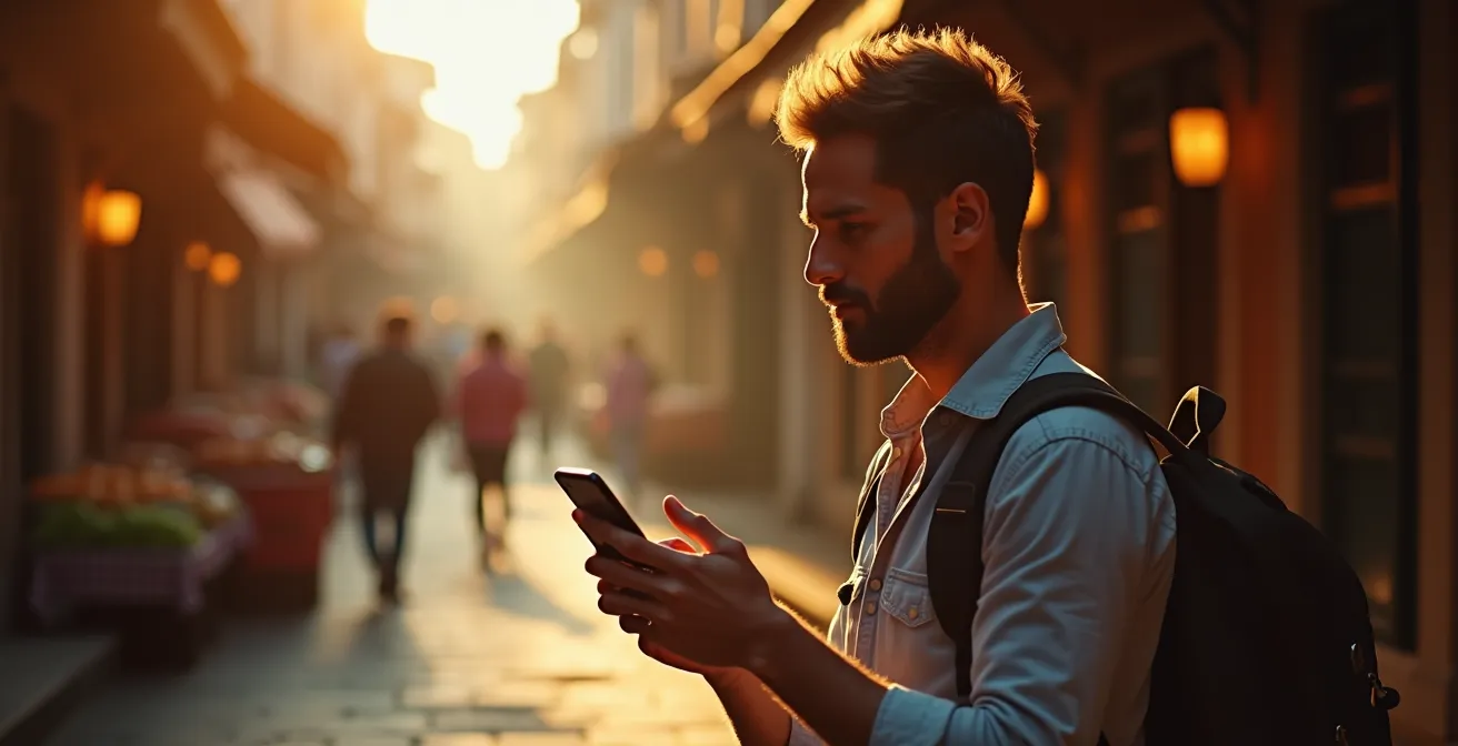 Moderner Reisender mit Smartphone in einer authentischen lokalen Umgebung, der echte kulturelle Begegnungen statt Massentourismus sucht