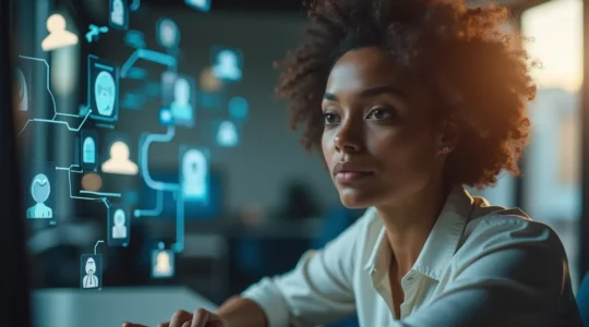 Professionelle Person bei der strategischen Karriereplanung mit Laptop und Entwicklungsdiagrammen