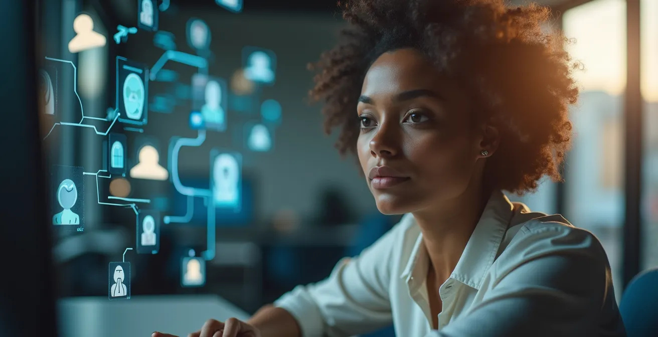 Professionelle Person bei der strategischen Karriereplanung mit Laptop und Entwicklungsdiagrammen