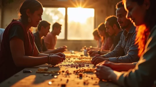 Menschen verschiedener Kulturen begegnen sich authentisch bei traditionellem Handwerk und lokalen Aktivitäten, symbolisiert durch warme, persönliche Atmosphäre statt touristischer Inszenierung