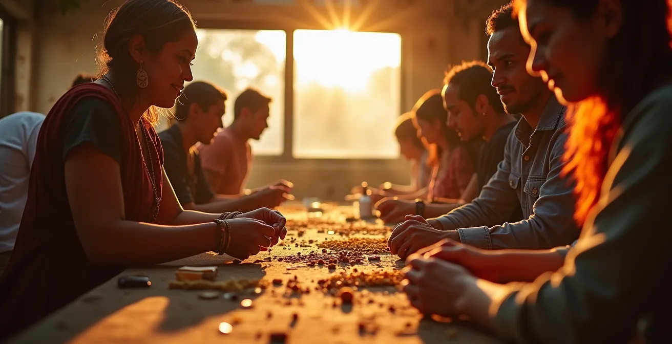 Menschen verschiedener Kulturen begegnen sich authentisch bei traditionellem Handwerk und lokalen Aktivitäten, symbolisiert durch warme, persönliche Atmosphäre statt touristischer Inszenierung