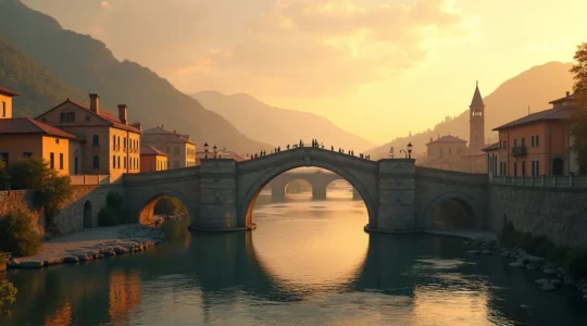 Symbolische Darstellung einer historischen Brücke, die Vergangenheit mit Zukunft verbindet