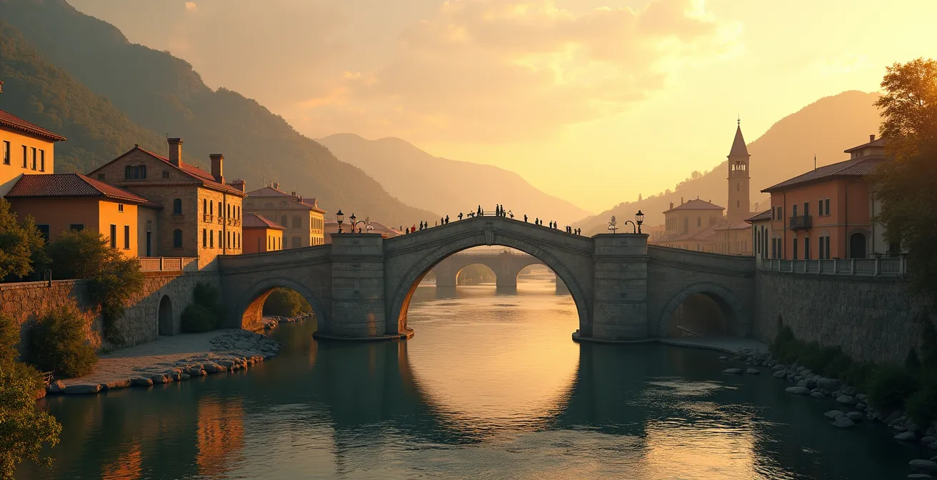 Symbolische Darstellung einer historischen Brücke, die Vergangenheit mit Zukunft verbindet