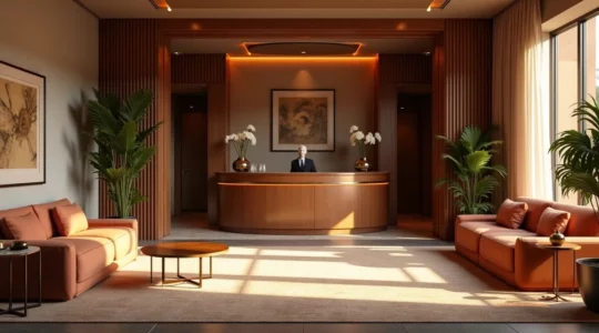 Elegante Boutique-Hotel-Lobby mit modernem Design, warmem Licht und künstlerischen Details, die Exklusivität und persönlichen Service symbolisieren