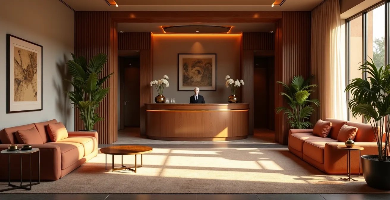 Elegante Boutique-Hotel-Lobby mit modernem Design, warmem Licht und künstlerischen Details, die Exklusivität und persönlichen Service symbolisieren