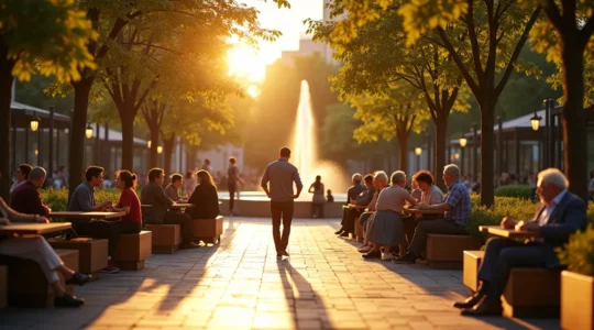 Menschen verschiedener Altersgruppen und Herkünfte treffen sich in einem grünen, lebendigen Stadtplatz mit Cafés und Bäumen