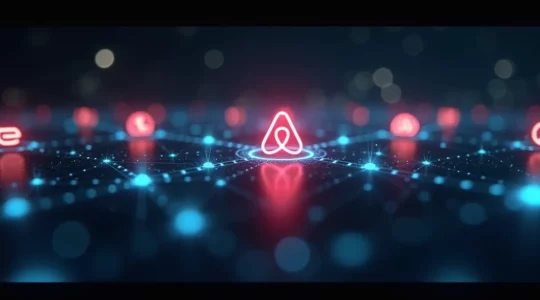 Symbolische Darstellung eines Netzwerks von Buchungsplattform-Logos, verbunden durch algorithmische Linien