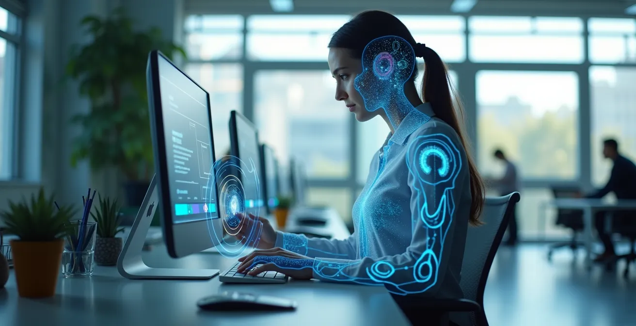 Professionelle Zusammenarbeit zwischen Mensch und KI-System als symbiotische Partnerschaft dargestellt