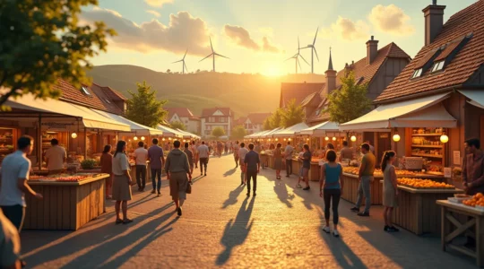 Symbolische Darstellung regionaler Wertschöpfung mit vernetzten lokalen Akteuren und Geldkreisläufen