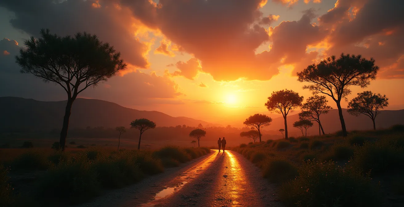 Symbolische visuelle Darstellung einer emotionalen Reiseroute mit dramatischen Landschaften, intensiven Momenten und entspannten Szenen