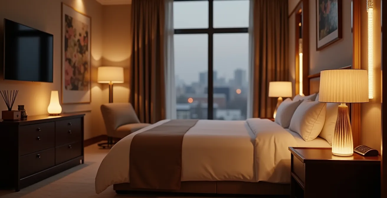 Eleganter Hotelraum mit subtilen Duftdiffusoren und versteckten Lautsprechern, die eine einzigartige sensorische Atmosphäre schaffen