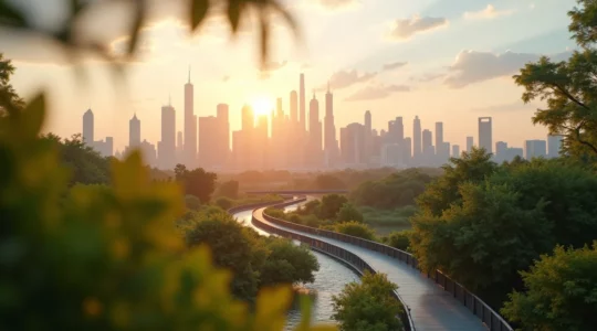 Moderne Stadtsilhouette mit grünen Flächen und Vernetzungssymbolen