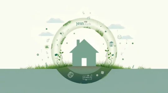 Moderne Haussilhouette mit grünen Elementen und CO2-Symbolen, die den ökologischen Fußabdruck vom Bau bis zum Rückbau visualisieren