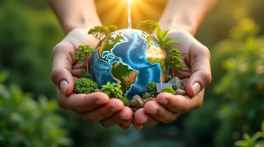 Symbolische Darstellung der Erde in den Händen eines Menschen, umgeben von Wasser, Pflanzen und erneuerbaren Energien