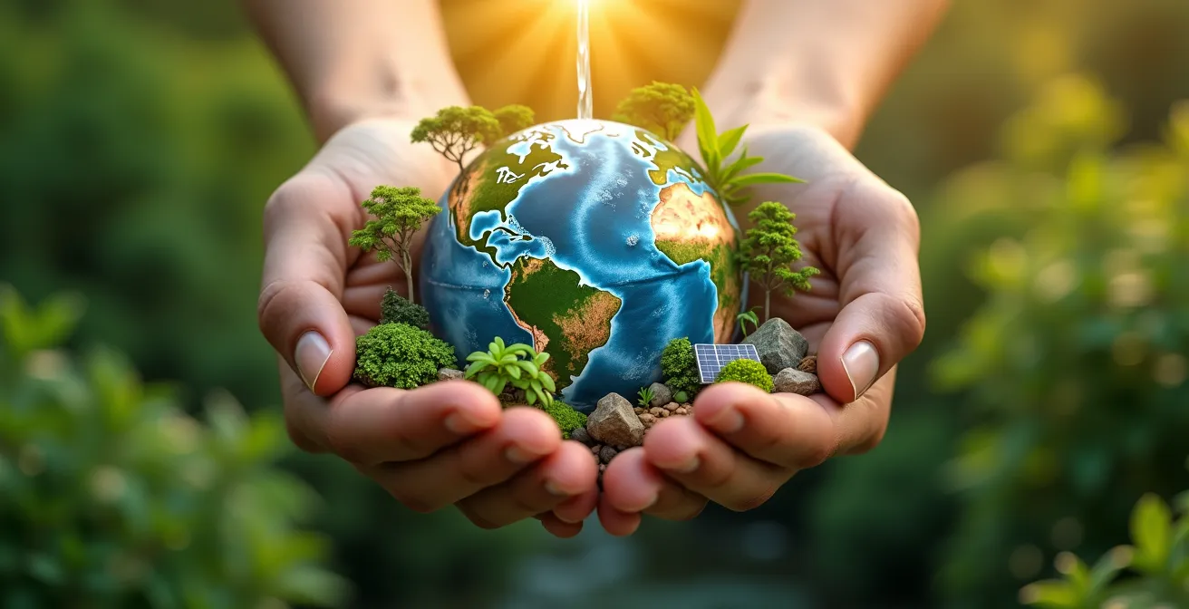 Symbolische Darstellung der Erde in den Händen eines Menschen, umgeben von Wasser, Pflanzen und erneuerbaren Energien