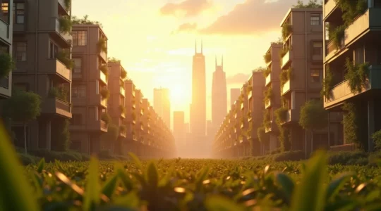 Futuristische Stadtlandschaft mit modularen, beweglichen Wohngebäuden und grünen Flächen