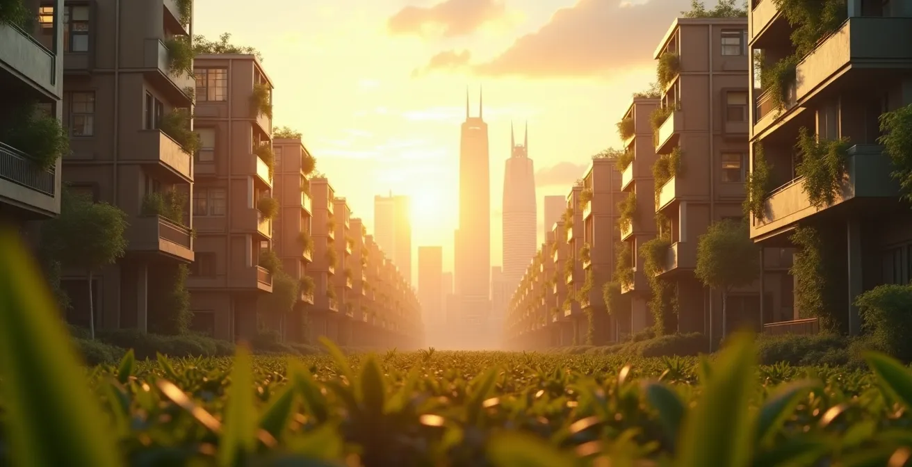 Futuristische Stadtlandschaft mit modularen, beweglichen Wohngebäuden und grünen Flächen