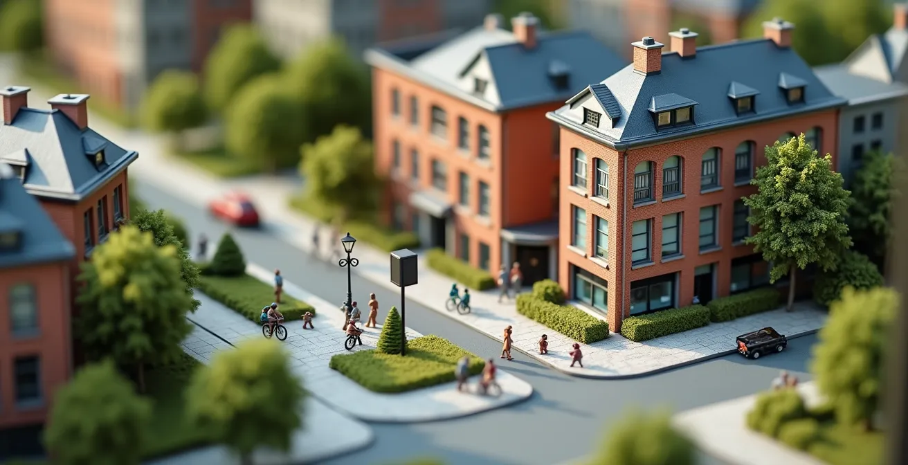 Detailreiche Luftaufnahme eines Miniaturmodells eines deutschen Stadtviertels, das das Konzept der 15-Minuten-Stadt mit kurzen Wegen visualisiert.