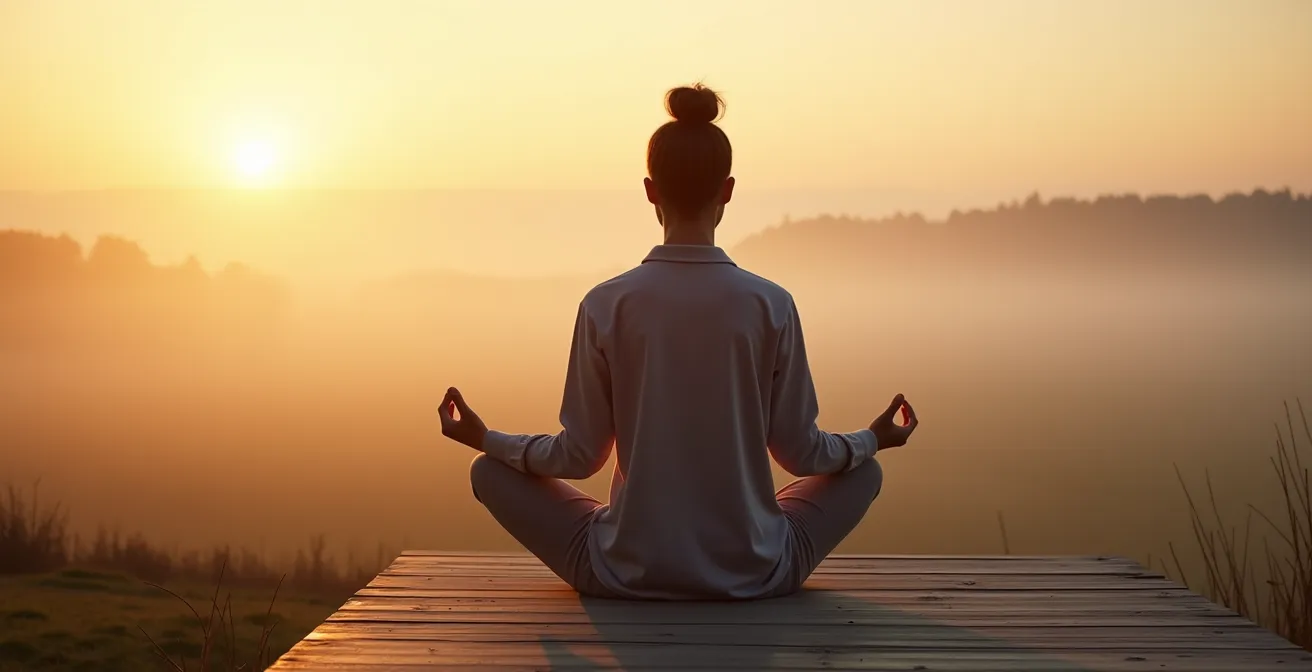 Person in meditativer Haltung bei Sonnenaufgang in ruhiger Umgebung