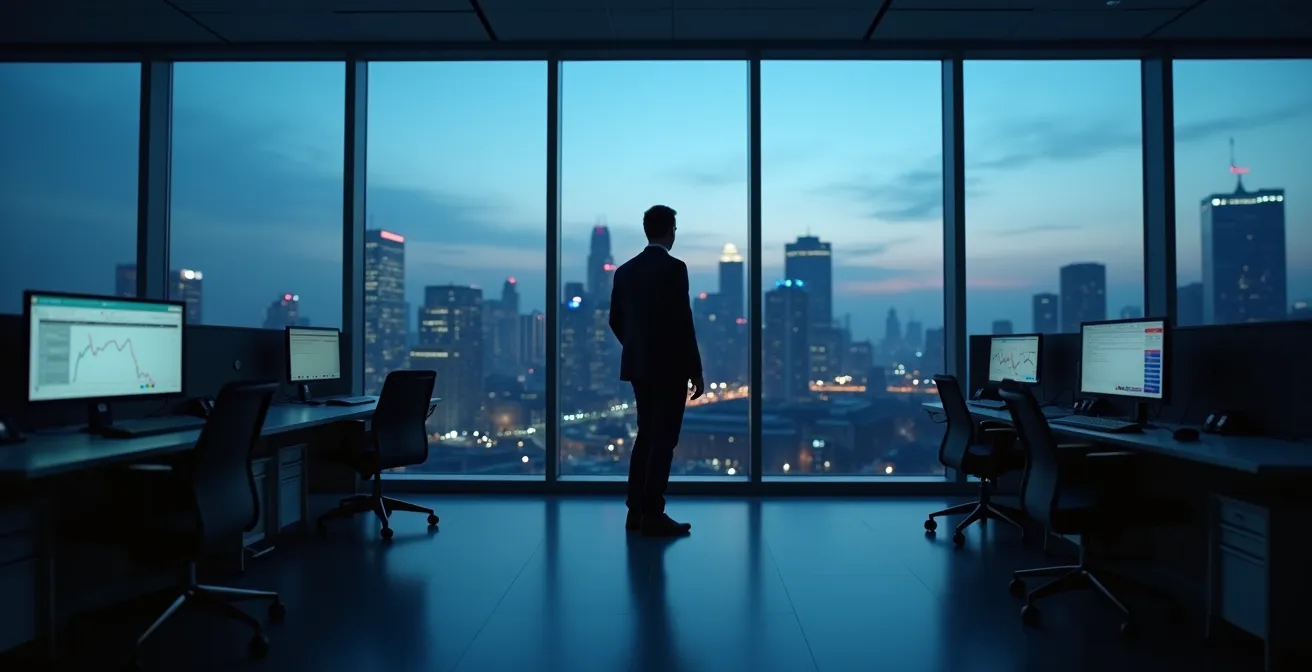 Nachdenklicher Investor in einem modernen Büro mit Blick auf die Frankfurter Skyline, was den psychologischen Druck bei Anlageentscheidungen symbolisiert.