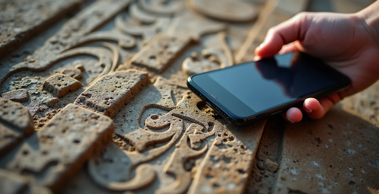 Besucher nutzt Smartphone mit AR-App an einer archäologischen Stätte