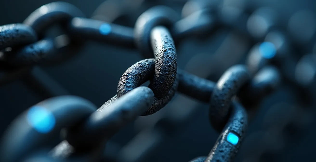 Visualisierung vernetzter Blockchain-Technologie in der deutschen Industrie, dargestellt durch ineinandergreifende Metallketten