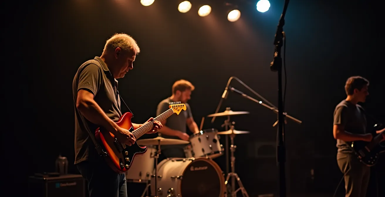 Vorband beim Soundcheck auf kleiner Bühne in intimer Clubatmosphäre