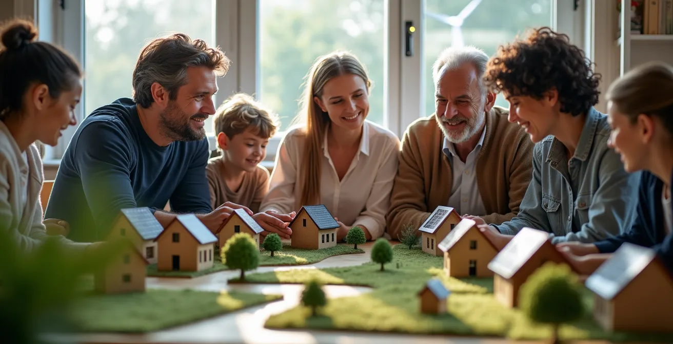 Luftaufnahme eines energieautarken deutschen Dorfes mit Solaranlagen und Windrädern