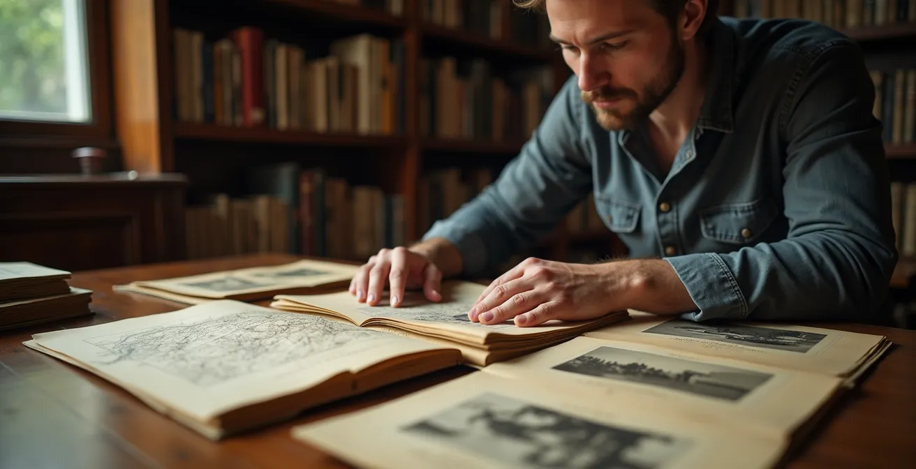 Person studiert historische Karten und Dokumente für eine Besuchsvorbereitung