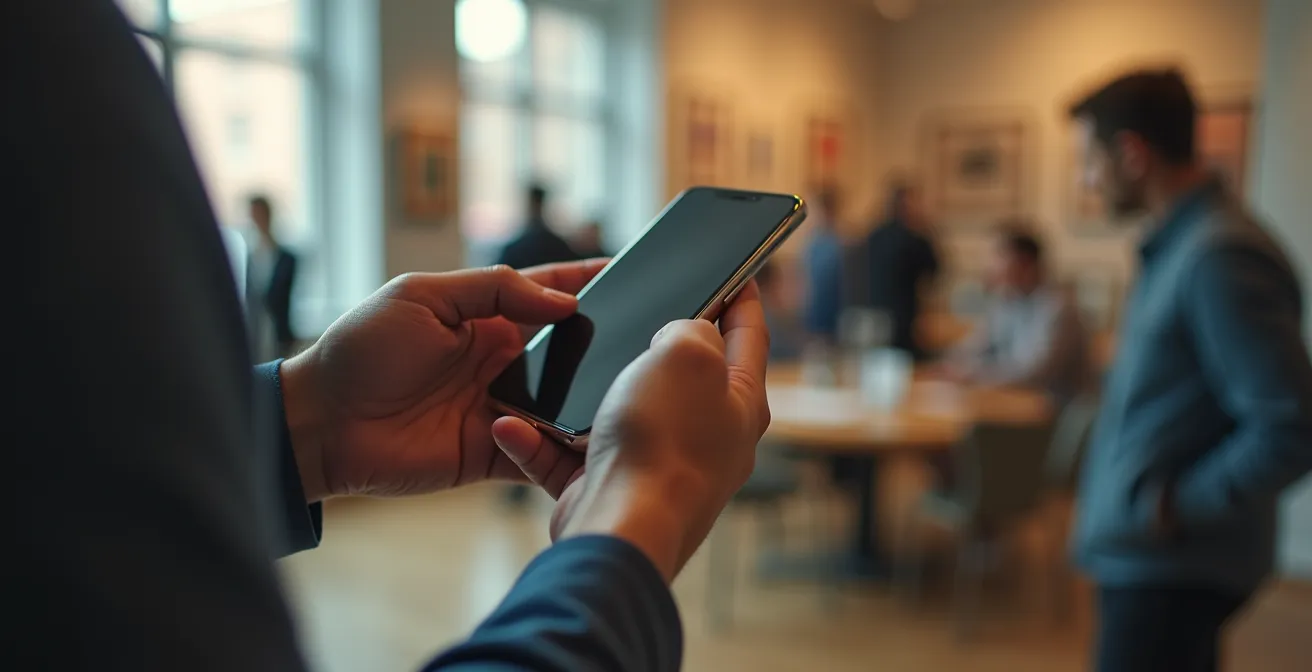 Hand hält Smartphone mit kulturellen Event-Benachrichtigungen vor städtischem Hintergrund