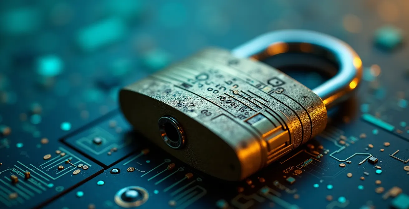 Nahaufnahme eines Sicherheitsschlosses mit digitalen Schaltkreisen