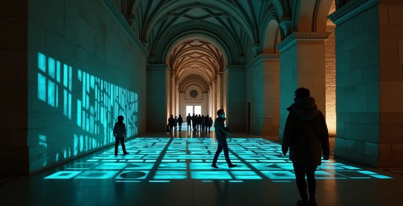 Weitwinkelaufnahme eines historischen Raums mit subtilen digitalen Lichtprojektionen