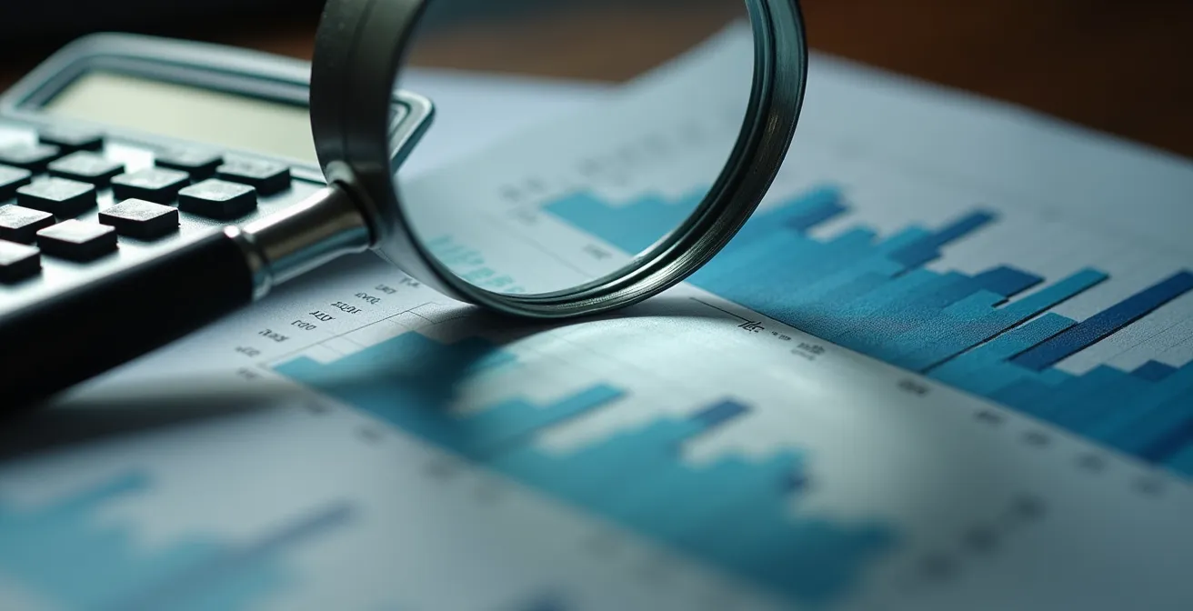 Makroaufnahme von Finanzdokumenten mit Lupe, die den Prozess der Detailanalyse einer Investition symbolisiert.