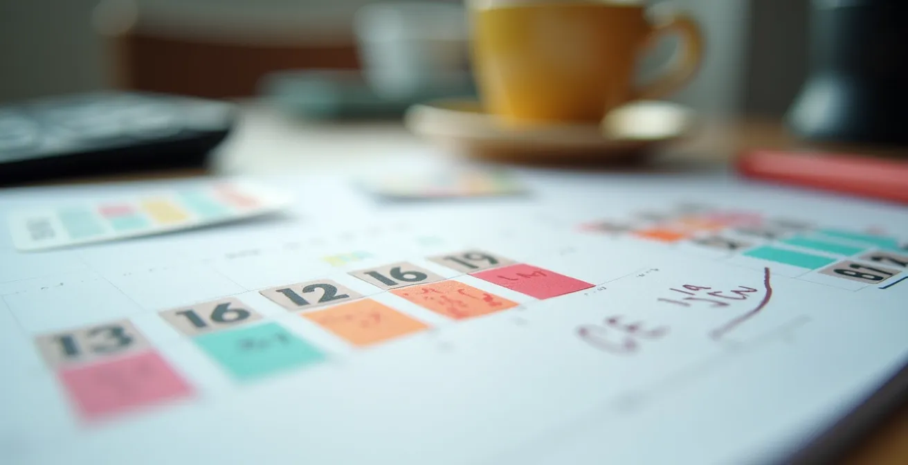 Nahaufnahme eines Schreibtischs mit Kalender und Preisnotizen für Ferienwohnungen