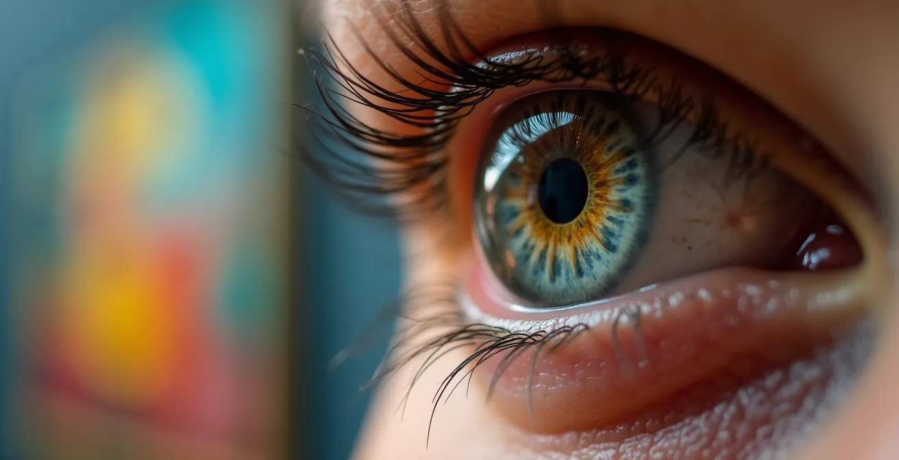 Nahaufnahme von Augen, die ein Gemälde betrachten, mit Reflexion des Kunstwerks